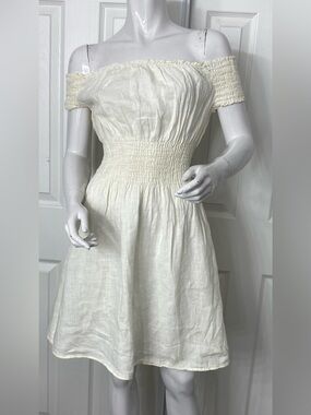 💯Linen Josette Cream Off-Shoulder Smocked Mini Dress